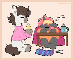 Size: 1500x1227 | Tagged: safe, artist:pink-pone, imported from derpibooru, oc, oc only, earth pony, pony, unicorn, blanket, clothes, duo, knitting needles, mug, onomatopoeia, sleeping, sound effects, sweater, table, zzz