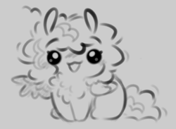 Size: 664x486 | Tagged: safe, artist:frigidmare, artist:torridline, imported from derpibooru, oc, oc:frigid, pegasus, pony, beady eyes, chibi, curly hair, doodle, ears up, fluffy, fluffy mane, fluffy tail, happy, looking at you, monochrome, sketch, smiling, smol, solo, tail, tiny, wave, wings
