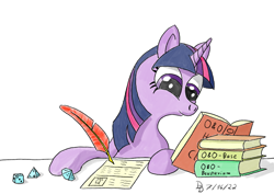 Size: 1200x849 | Tagged: safe, artist:darkdabula, imported from derpibooru, twilight sparkle, pony, atg 2022, book, dice, dungeons and dragons, newbie artist training grounds, ogres and oubliettes, quill, simple background, solo, white background