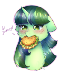 Size: 1618x1978 | Tagged: safe, artist:vaiola, imported from derpibooru, oc, oc only, oc:genebright sparkle, pony, unicorn, big eyes, blushing, burger, bust, commission, cute, eating, eyebrows, floppy ears, food, happy, hay burger, herbivore, horn, portrait, simple background, smiling, solo, text, white background, ych result