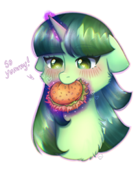 Size: 1618x1978 | Tagged: safe, alternate version, artist:vaiola, imported from derpibooru, oc, oc only, oc:genebright sparkle, pony, unicorn, big eyes, blushing, burger, bust, commission, cute, eating, eyebrows, floppy ears, food, glowing, glowing horn, happy, hay burger, herbivore, horn, magic, portrait, simple background, smiling, solo, text, white background, ych result