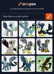 Size: 1162x1588 | Tagged: safe, imported from derpibooru, griffon, ai content, ai generated, billie eilish, generator:craiyon, griffonized, species swap