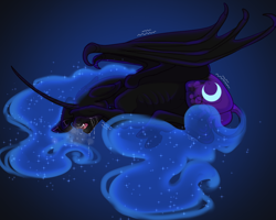 Size: 1280x1024 | Tagged: safe, artist:snowberry, imported from derpibooru, nightmare moon, alicorn, pony, bat wings, butt, claws, covering eyes, crying, curved horn, dock, drool, ethereal mane, fangs, floppy ears, frog (hoof), horn, lying down, open mouth, plot, realistic horse legs, sad, shivering, simple background, sparkles, tail, tongue out, underhoof, wing claws, wings