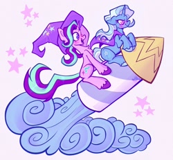 Size: 2048x1890 | Tagged: safe, artist:microsstash, imported from derpibooru, starlight glimmer, trixie, pony, unicorn, abstract background, accessory swap, blushing, clothes, cute, diatrixes, duo, female, glimmerbetes, hat, heart, heart eyes, horn, mare, rocket, simple background, stars, tail, toy interpretation, trixie's hat, trixie's rocket, white background, wingding eyes