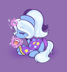 Size: 867x925 | Tagged: safe, artist:typhwosion, imported from derpibooru, trixie, pony, unicorn, abstract background, alternate hairstyle, babysitter trixie, bow, clothes, cute, diatrixes, eyes closed, female, glowing, glowing horn, hoodie, horn, magic, sipping, solo, tail, tail bow, telekinesis