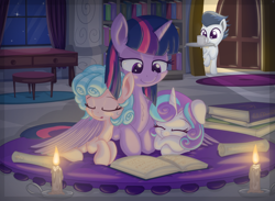 Size: 2022x1483 | Tagged: safe, artist:vito, imported from ponybooru, cozy glow, princess flurry heart, rumble, twilight sparkle, alicorn, pegasus, pony, a better ending for cozy, aunt and niece, book, candle, colt, cozybetes, cuddling, cute, female, filly, flurrybetes, hug, indoors, male, mare, mouth hold, night, reading, sleeping, twilight sparkle (alicorn), winghug