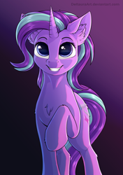 Size: 1175x1666 | Tagged: safe, artist:deltauraart, edit, imported from ponybooru, starlight glimmer, pony, unicorn, chest fluff, cute, ear fluff, ears, female, glimmerbetes, gradient background, grin, leg fluff, mare, one hoof raised, raised leg, smiling, solo