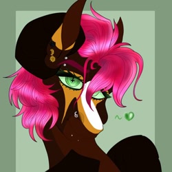 Size: 400x400 | Tagged: safe, artist:inisealga, imported from derpibooru, oc, oc only, oc:cherry fuse, pony, succubus, succubus pony, abstract background, bust, coat markings, colored pupils, facial markings, female, folded wings, heart, mare, piercing, portrait, solo, wings