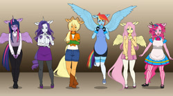 Size: 1280x712 | Tagged: safe, artist:heyhowisgowing, imported from derpibooru, applejack, fluttershy, pinkie pie, rainbow dash, rarity, twilight sparkle, anthro, earth pony, pegasus, unicorn, belt, boots, clothes, cowboy boots, cowboy hat, denim, glasses, gloves, hat, high heel boots, horn, jacket, jeans, mane six, pants, shirt, shoes, shorts, simple background, skirt, socks, solo, vest, wings