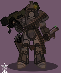 Size: 4245x5021 | Tagged: safe, artist:devorierdeos, imported from derpibooru, oc, oc only, oc:steelhooves, ghoul, undead, fallout equestria, equestria girls, absurd resolution, armor, brown background, grenade launcher, heavy weapons guy, m79, power armor, rocket launcher, shadow, simple background, solo, steel ranger, weapon