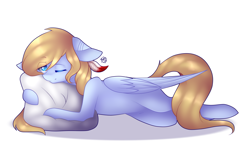 Size: 1993x1198 | Tagged: safe, artist:prettyshinegp, imported from derpibooru, oc, oc only, pegasus, pony, eye clipping through hair, female, hug, mare, pegasus oc, pillow, pillow hug, simple background, solo, white background, wings