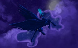 Size: 2048x1282 | Tagged: safe, artist:lumataine, imported from derpibooru, princess luna, alicorn, pony, female, flying, moon, night, sky, solo, spread wings, wings