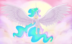 Size: 2048x1250 | Tagged: safe, artist:lumataine, imported from derpibooru, princess celestia, alicorn, pony, female, flying, solo, spread wings, sun, wings