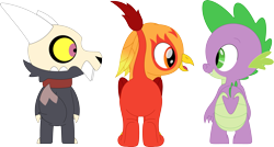 Size: 3549x1898 | Tagged: safe, artist:porygon2z, imported from derpibooru, spike, oc, oc:heatwave, dragon, griffon, broken horn, butt, chickub, collar, crossover, dragonbutt, griffon oc, horn, king clawthorne, line-up, male, plot, plot line, plotline, porygon2z's trio, show accurate, simple background, skull, the owl house, titan, transparent background, trio, trio male