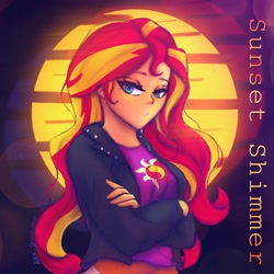 Size: 1024x1024 | Tagged: safe, artist:alex_draws2000, imported from derpibooru, sunset shimmer, human, equestria girls, crossed arms, female, solo, sunshine shimmer, vaporwave