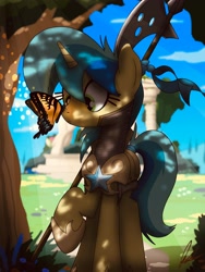 Size: 3000x4000 | Tagged: safe, artist:flaremoon, imported from derpibooru, oc, oc only, oc:mercury haze, butterfly, pony, unicorn, armor, butterfly on nose, dappled sunlight, female, guardsmare, halberd, insect on nose, mare, royal guard, solo, tree, weapon