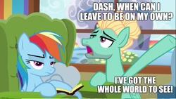 Size: 1279x721 | Tagged: safe, edit, edited screencap, imported from derpibooru, screencap, rainbow dash, zephyr breeze, pegasus, pony, flutter brutter, book, caption, couch, duo, ear fluff, ears, female, indoors, male, mare, pauly shore, pinocchio, pinocchio: a true story, quote, rainbow dash is not amused, simple background, stallion, text, unamused