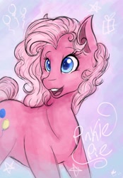 Size: 1423x2048 | Tagged: safe, artist:mscolorsplash, imported from derpibooru, pinkie pie (g3), earth pony, pony, abstract background, cute, female, g3, g3 diapinkes, mare, name, open mouth, open smile, smiling, solo