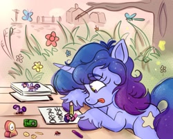 Size: 2000x1600 | Tagged: safe, artist:nedemai, imported from derpibooru, oc, oc only, oc:nedi, butterfly, insect, ladybug, pony, unicorn, atg 2022, clock, drawing, female, flower, horn, mare, newbie artist training grounds, pencil, solo, tongue out, tree, unicorn oc, unshorn fetlocks