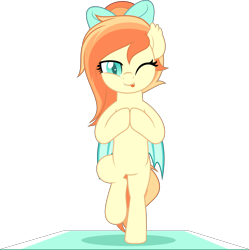 Size: 5000x5028 | Tagged: safe, artist:jhayarr23, imported from derpibooru, oc, oc only, oc:sunshine drift, bat pony, pony, bipedal, bow, female, hair bow, looking at you, mare, one eye closed, simple background, smiling, solo, standing, standing on one leg, tongue out, transparent background, wink, winking at you, yoga, yoga mat