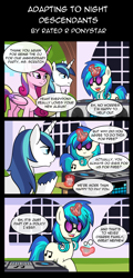 Size: 960x2000 | Tagged: safe, artist:shujiwakahisaa, imported from derpibooru, dj pon-3, princess cadance, shining armor, vinyl scratch, alicorn, pony, undead, unicorn, vampire, vampony, comic:adapting to night, comic, dialogue, female, glass, glowing, glowing horn, horn, magic, male, mare, stallion, telekinesis, turntable