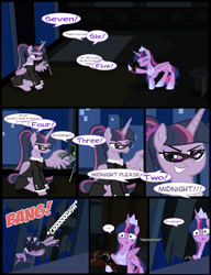 Size: 1042x1358 | Tagged: safe, artist:dendoctor, imported from derpibooru, mean twilight sparkle, twilight sparkle, alicorn, pony, comic:clone.., the last problem, alternate universe, bang, clone, clothes, comic, computer, countdown, crying, detonator, female, g4, glasses, gun, handgun, laptop computer, older, older twilight, pistol, princess twilight 2.0, self paradox, self ponidox, twilight sparkle (alicorn), weapon, wing hands, wings