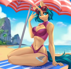 Size: 2048x1987 | Tagged: safe, artist:u_lu_lu, imported from derpibooru, oc, oc only, oc:depth chaser, anthro, unicorn, beach, belly button, bikini, breasts, cleavage, clothes, female, horn, ocean, palm tree, solo, sunglasses, swimsuit, tree, umbrella, water