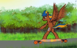 Size: 1920x1200 | Tagged: safe, artist:hiddelgreyk, imported from derpibooru, oc, oc only, pegasus, pony, atg 2022, bipedal, brown coat, butt, grass, grass field, longboard, newbie artist training grounds, outdoors, pegasus oc, plot, road, signature, skateboard, skateboarding, tree