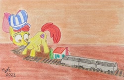 Size: 4032x2629 | Tagged: safe, artist:opti, imported from derpibooru, apple bloom, earth pony, pony, apple bloom's bow, atg 2022, bow, conductor hat, female, filly, foal, hair bow, hat, house, model train, newbie artist training grounds, solo, traditional art, train, train tracks, tree