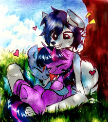 Size: 842x950 | Tagged: safe, artist:liaaqila, imported from derpibooru, rainbow dash, twilight sparkle, oc, alicorn, anthro, pegasus, pony, anthro oc, anthro with ponies, cuddling, eyes closed, female, furry, heart, horn, lesbian, shipping, tree, trio, twidash, under the tree, wings