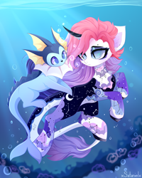 Size: 4000x5000 | Tagged: safe, artist:xsatanielx, imported from derpibooru, oc, oc only, oc:azur diamond, pony, unicorn, vaporeon, blue eyes, bubble, clothes, crepuscular rays, curved horn, digital art, eyebrows, fish tail, flowing mane, high res, horn, looking at each other, looking at someone, ocean, pokémon, rcf community, signature, solo, sunlight, swimming, tail, underwater, water