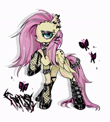 Size: 1851x2048 | Tagged: safe, artist:amatou_akuma, imported from derpibooru, fluttershy, butterfly, pegasus, pony, boots, choker, demonia swing 815, ear piercing, earring, female, fishnets, goth, jewelry, lidded eyes, looking at you, mare, piercing, raised hoof, shoes, simple background, solo, spiked choker, standing, three quarter view, unamused, white background, wings