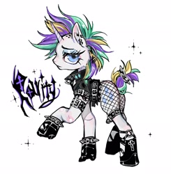 Size: 2005x2047 | Tagged: safe, artist:amatou_akuma, imported from derpibooru, rarity, pony, unicorn, it isn't the mane thing about you, alternate hairstyle, boots, butt, clothes, ear piercing, earring, female, fishnets, jacket, jewelry, leather jacket, lidded eyes, looking at you, piercing, plot, punk, raripunk, shoes, simple background, solo, unamused, white background