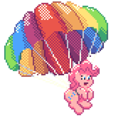 Size: 360x360 | Tagged: safe, artist:errorstream, imported from derpibooru, pinkie pie, earth pony, pony, atg 2022, newbie artist training grounds, parachute, pixel art, rainbow, simple background, skydiving, solo, transparent background