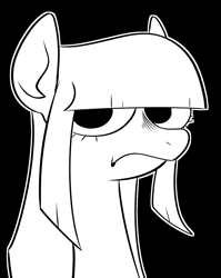 Size: 1416x1776 | Tagged: safe, artist:swagstapiece, imported from derpibooru, oc, oc only, oc:crystal lake, earth pony, pony, black and white, black background, bust, female, frown, grayscale, mare, monochrome, simple background, solo