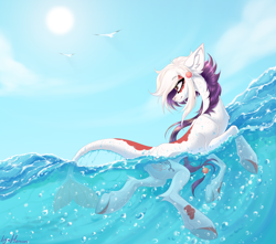 Size: 4300x3800 | Tagged: safe, artist:henori_artist, imported from derpibooru, oc, oc only, oc:hanako, bird, earth pony, hybrid, original species, pony, absurd resolution, chest fluff, cloud, commission, ear fluff, eye clipping through hair, eyebrows, eyebrows visible through hair, eyeshadow, female, fish tail, gift art, happy, looking up, makeup, mare, ocean, partially submerged, signature, smiling, solo, summer, sun, swimming, tail, underwater, vacation, water