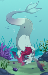 Size: 1800x2823 | Tagged: safe, artist:shchavel, imported from derpibooru, oc, oc only, fish, mermaid, merpony, starfish, art, bubble, commission, commission open, coral, digital art, ear fluff, female, fish tail, flowing tail, high res, mare, ocean, open mouth, open smile, red mane, rock, seaweed, smiling, solo, summer, swimming, tail, underwater, water