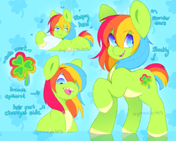 Size: 2011x1618 | Tagged: safe, artist:dewtuber, artist:orphanbites, imported from derpibooru, oc, oc only, oc:dew cloverheart, earth pony, pony, braces, earth pony oc, hair over one eye, looking at you, pillow, rainbow, reference sheet, smiling