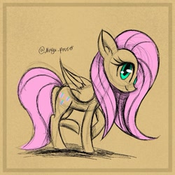 Size: 689x689 | Tagged: safe, artist:marya-potter, imported from derpibooru, part of a set, fluttershy, pegasus, pony, colored sketch, female, folded wings, looking at you, mare, profile, raised hoof, raised leg, sketch, smiling, solo, textured background, wings