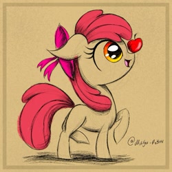 Size: 689x689 | Tagged: safe, artist:marya-potter, imported from derpibooru, part of a set, apple bloom, earth pony, pony, apple, balancing, female, filly, foal, food, ponies balancing stuff on their nose, sketch, solo