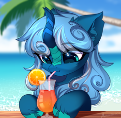 Size: 2342x2272 | Tagged: safe, artist:airiniblock, imported from derpibooru, oc, oc only, oc:vivid tone, kirin, pony, alcohol, chest fluff, cloven hooves, cocktail, commission, cute, drink, drinking straw, ear fluff, eye clipping through hair, eyebrows, female, food, icon, mare, ocean, orange, palm tree, smiling, solo, tree, water, ych result