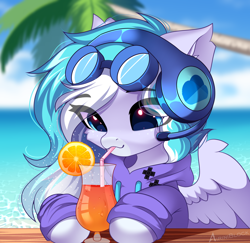 Size: 2342x2272 | Tagged: safe, artist:airiniblock, imported from derpibooru, oc, oc only, oc:skydrive, pony, alcohol, chest fluff, cocktail, commission, cute, drink, drinking straw, ear fluff, eye clipping through hair, eyebrows, female, food, headset, icon, mare, ocean, orange, palm tree, smiling, solo, tree, water, ych result