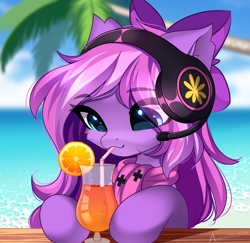 Size: 2342x2272 | Tagged: safe, artist:airiniblock, imported from derpibooru, oc, oc only, oc:lillybit, pony, alcohol, bow, chest fluff, cocktail, commission, cute, drink, drinking straw, ear fluff, eye clipping through hair, eyebrows, female, food, headset, icon, mare, ocean, orange, palm tree, smiling, solo, tree, water, ych result