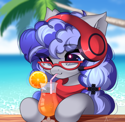 Size: 2342x2272 | Tagged: safe, artist:airiniblock, imported from derpibooru, oc, oc only, oc:cinnabyte, earth pony, pony, alcohol, chest fluff, cocktail, commission, cute, drink, drinking straw, ear fluff, eye clipping through hair, eyebrows, female, food, glasses, headset, icon, mare, ocbetes, ocean, orange, palm tree, smiling, solo, tree, water, ych result