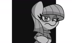 Size: 1794x1084 | Tagged: safe, artist:kindakismet, imported from derpibooru, maud pie, earth pony, pony, bipedal, clothes, female, grayscale, looking at you, mare, monochrome, simple background, solo, white background