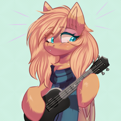 Size: 1000x1000 | Tagged: safe, artist:thieftea, imported from derpibooru, oc, oc only, oc:mirta whoowlms, pegasus, pony, blue background, blue eyes, blushing, chest fluff, clothes, musical instrument, scarf, simple background, solo, ukulele, wings