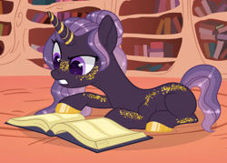 Size: 1280x915 | Tagged: safe, artist:katelynleeann42, imported from derpibooru, oc, oc:golden shimmer, pony, unicorn, book, female, lying down, mare, prone, solo