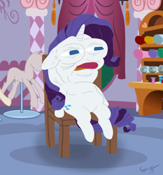 Size: 1872x2012 | Tagged: safe, artist:realgero, imported from derpibooru, rarity, pony, unicorn, carousel boutique, cursed image, depressed, sad, sitting, smiling friends, solo, uncanny valley, wat, why, wtf