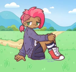 Size: 1024x963 | Tagged: safe, artist:strawbrrycereal, imported from derpibooru, babs seed, human, equestria girls, cardigan, clothes, converse, dark skin, ear piercing, earring, female, grass, jewelry, looking at you, no pupils, outdoors, path, piercing, shoes, sitting, skirt, socks, solo, striped socks