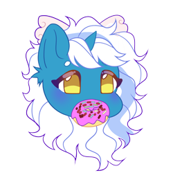 Size: 3000x3000 | Tagged: safe, artist:spotenyx, imported from derpibooru, oc, oc:fleurbelle, alicorn, pony, adorabelle, alicorn oc, blushing, bow, cute, donut, eating, female, food, hair bow, horn, mare, mouth hold, ocbetes, simple background, solo, sprinkles, transparent background, yellow eyes